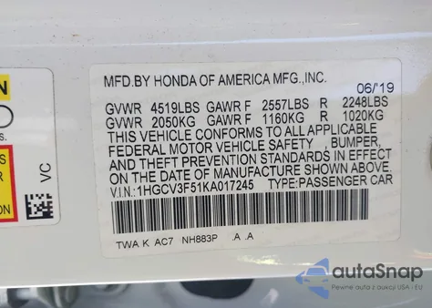 2019 Honda Accord Hybrid Ex-L from USA, damaged, VIN 1HGCV3F51KA017245